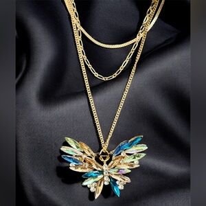 Stunning Gold and Multicolor Butterfly Pendant Necklace with Triple Chain. NWT